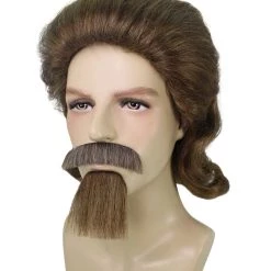 HPO 18th Century Officer Wig With Moustaches And Goatee Set | Brown Historical Wigs | Premium Breathable Capless Cap Men's Wigs