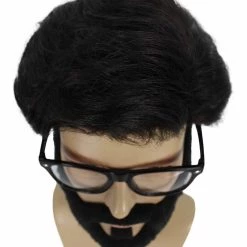 HPO Crime TV | Men's Medium Length Side Part Black Straight Bearded Cosplay Wig With Black Glasses