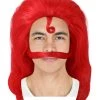 HPO Multicolor | Men's Long Red Straight Handle Bar Mustache Smooth Wig | Premium Breathable Capless Cap