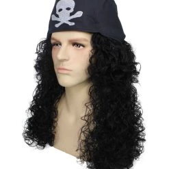 BC Men's Long Black Color Curly Pirate Buccaneer Wig With Bandana