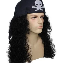 BC Men's Long Black Color Curly Pirate Buccaneer Wig With Bandana