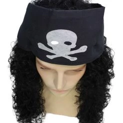 BC Men's Long Black Color Curly Pirate Buccaneer Wig With Bandana