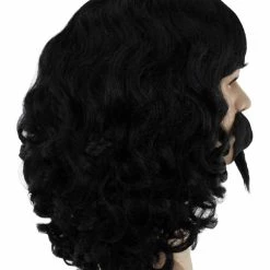 BC Muskateer | Men's Black Color Wavy Shoulder Length Muskateer Wig With Mustache And Goatee