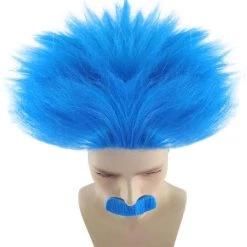 HPO Men's Blue Mad Scientist Wig & Mustache | Mens Cosplay Halloween Wig | Premium Breathable Capless Cap