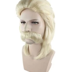 BC 70's Mens Wig With Mustache | Blonde Retro Wig Breathable Standard Cap