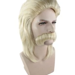 BC 70's Mens Wig With Mustache | Blonde Retro Wig Breathable Standard Cap