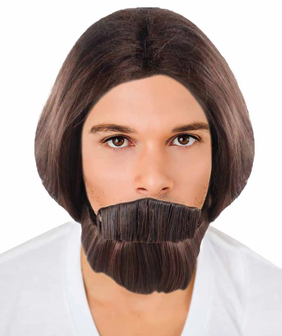 HPO Brown Curly Wavy Mens Wig & Beard Set | Cosplay Halloween Wig | Premium Breathable Capless Cap Men's 1 HPO Brown Curly Wavy Mens Wig & Beard Set | Cosplay Halloween Wig | Premium Breathable Capless Cap Men's