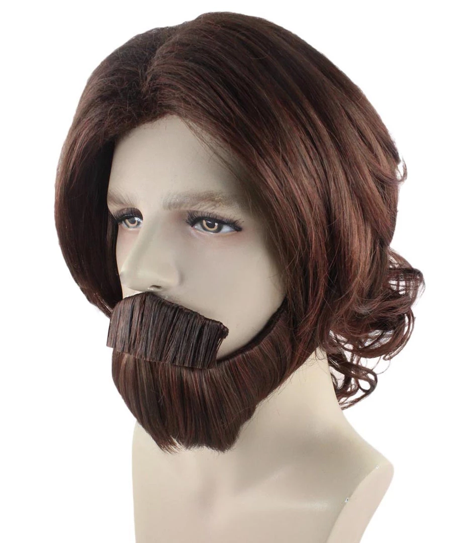 HPO Brown Curly Wavy Mens Wig & Beard Set | Cosplay Halloween Wig | Premium Breathable Capless Cap Men's 2 HPO Brown Curly Wavy Mens Wig & Beard Set | Cosplay Halloween Wig | Premium Breathable Capless Cap Men's