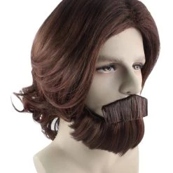 HPO Brown Curly Wavy Mens Wig & Beard Set | Cosplay Halloween Wig | Premium Breathable Capless Cap Men's 14 HPO Brown Curly Wavy Mens Wig & Beard Set | Cosplay Halloween Wig | Premium Breathable Capless Cap Men's