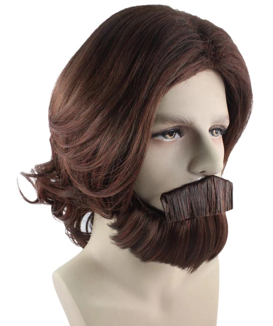 HPO Brown Curly Wavy Mens Wig & Beard Set | Cosplay Halloween Wig | Premium Breathable Capless Cap Men's 6 HPO Brown Curly Wavy Mens Wig & Beard Set | Cosplay Halloween Wig | Premium Breathable Capless Cap Men's