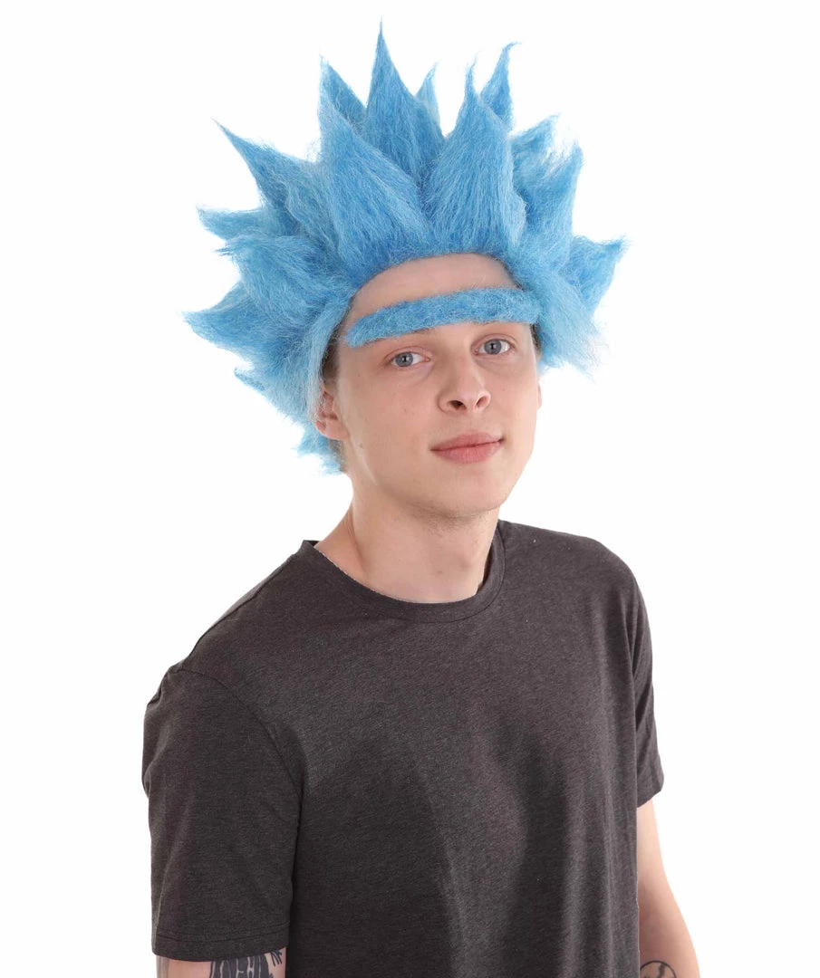 HPO Scientist TV/Movie Mens Wig And Unibrow | Sky Blue Cosplay Halloween Wig | Premium Breathable Capless Cap Men's 7 HPO Scientist TV/Movie Mens Wig And Unibrow | Sky Blue Cosplay Halloween Wig | Premium Breathable Capless Cap Men's