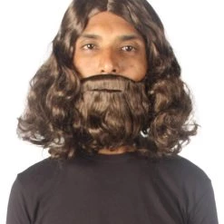 HPO Mens Biblical Wig And Beard Set Brown | Premium Breathable Capless Cap