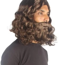 HPO Mens Biblical Wig And Beard Set Brown | Premium Breathable Capless Cap