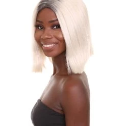 HPO Women's Shoulder Length Socialite Wig - Platinum White Hair With Dark Roots - Capless Cap Design