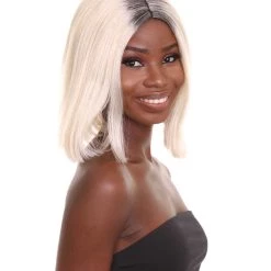 HPO Women's Shoulder Length Socialite Wig - Platinum White Hair With Dark Roots - Capless Cap Design