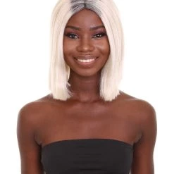HPO Women's Shoulder Length Socialite Wig - Platinum White Hair With Dark Roots - Capless Cap Design