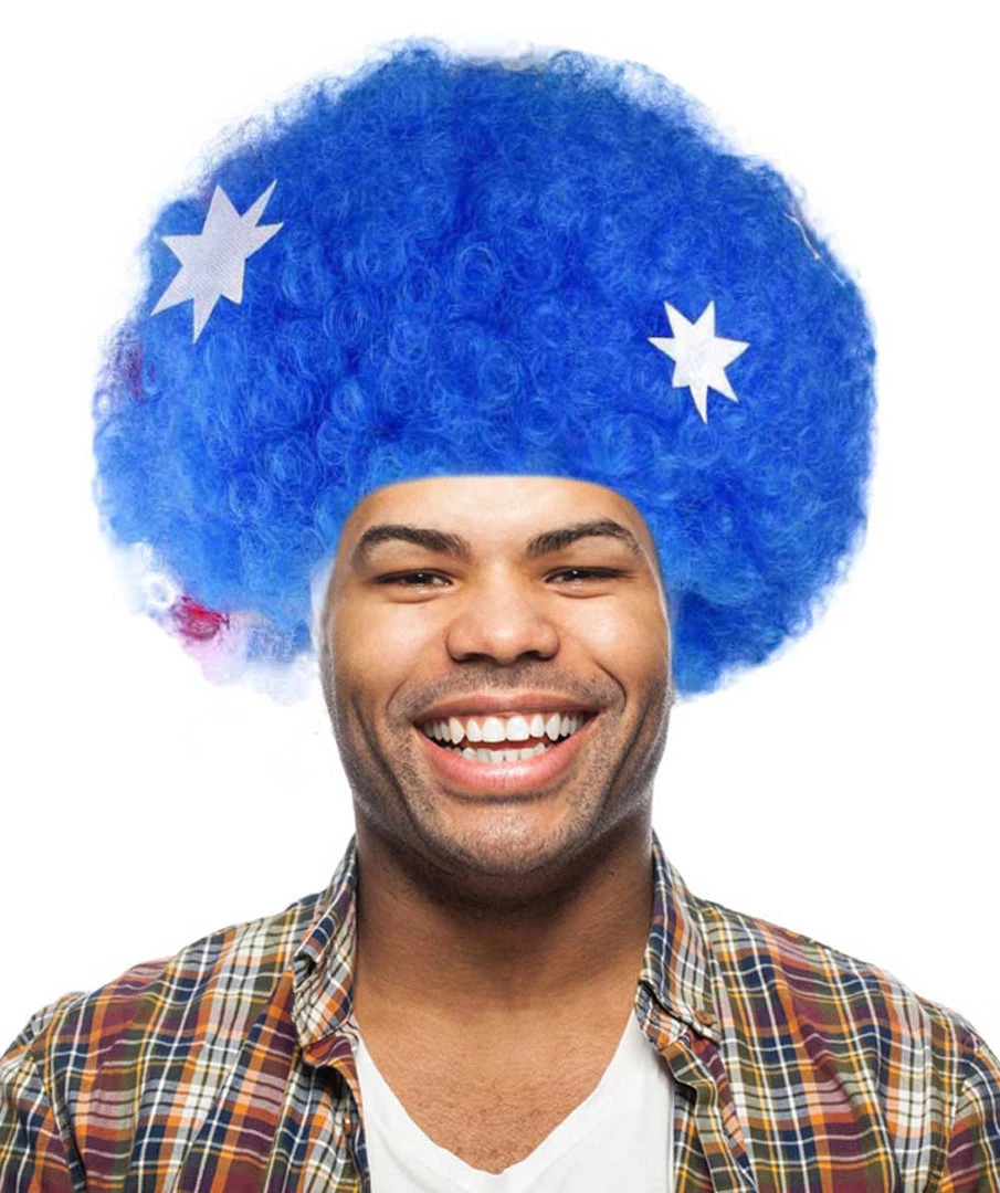 FLAGWIGS Australia Sport Afro Fun Wig | Blue Flag Jumbo Wig SALE 1 FLAGWIGS Australia Sport Afro Fun Wig | Blue Flag Jumbo Wig SALE