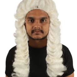 HPO Men Colonial Judge Curly Long White Wig | Premium Breathable Capless Cap
