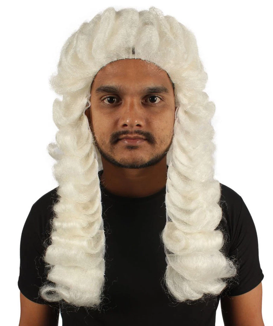 HPO Men Colonial Judge Curly Long White Wig | Premium Breathable Capless Cap 1 HPO Men Colonial Judge Curly Long White Wig | Premium Breathable Capless Cap