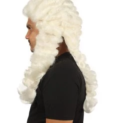 HPO Men Colonial Judge Curly Long White Wig | Premium Breathable Capless Cap 11 HPO Men Colonial Judge Curly Long White Wig | Premium Breathable Capless Cap
