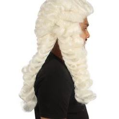 HPO Men Colonial Judge Curly Long White Wig | Premium Breathable Capless Cap 13 HPO Men Colonial Judge Curly Long White Wig | Premium Breathable Capless Cap