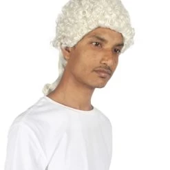 HPO Mens Colonial Curly Judge White Historical Wigs | Premium Breathable Capless Cap Men's