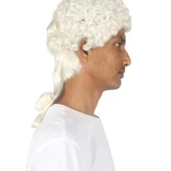 HPO Mens Colonial Curly Judge White Historical Wigs | Premium Breathable Capless Cap Men's
