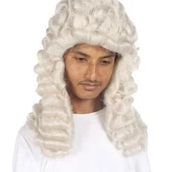 HPO Colonial Men Judge Curly Long White Wig | Premium Breathable Capless Cap