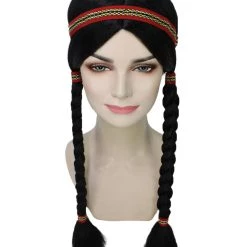 HPO Native American Princess Womens Wig With Headband | Black Braided Cosplay Halloween Wig | Premium Breathable Capless Cap