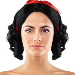 HPO Fairytale Womens Wig | Black Short Cosplay Halloween Wig With Red Ribbon | Premium Breathable Capless Cap Men's