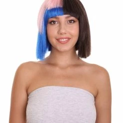 HPO Men's Adult Womens Bob Wig | Black, Pink, & Blue Celebrity Wig | Premium Breathable Capless Cap