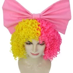 HPO Australian Singer Curly Womens Wig With Pink Bow | Thursday Multi Color Celebrity Wigs | Premium Breathable Capless Cap