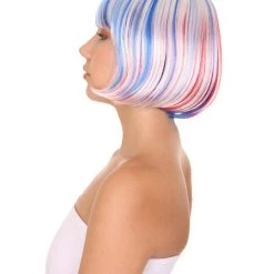 HPO Patriotic Womens Bob Wig | National Pride White Red Blue Wig | Premium Breathable Capless Cap Women's