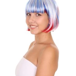 HPO Patriotic Womens Bob Wig | National Pride White Red Blue Wig | Premium Breathable Capless Cap Women's