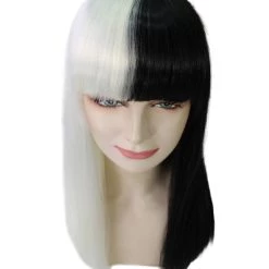 HPO Men's Black And White Long Womens Wig | Half And Half Cosplay Halloween Wig | Premium Breathable Capless Cap