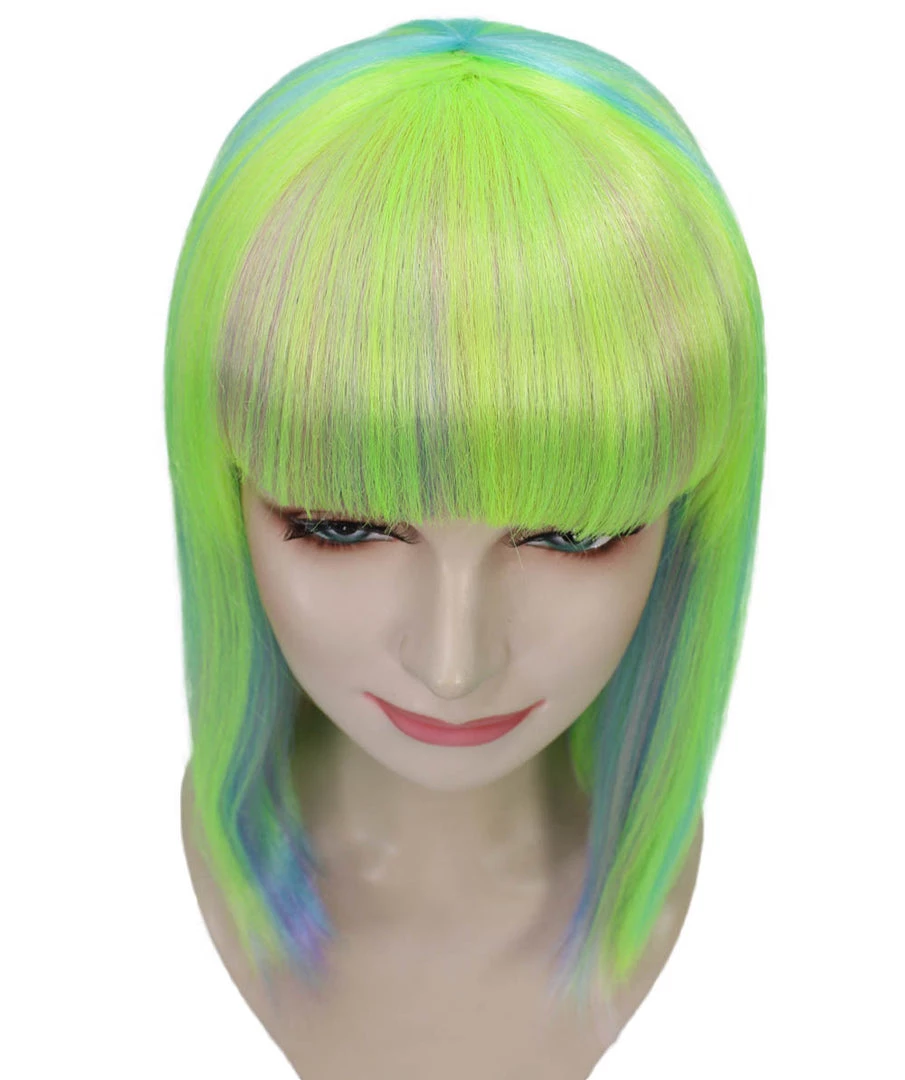 HPO Womens Bob Wig | Medium Green Yellow Party Ready Fancy Cosplay Halloween Wig | Premium Breathable Capless Cap Women's 8 HPO Womens Bob Wig | Medium Green Yellow Party Ready Fancy Cosplay Halloween Wig | Premium Breathable Capless Cap Women's