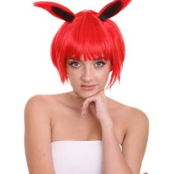 HPO Women's Red Bunny Womens Wig | Rabbit Animal Party Ready Fancy Cosplay Halloween Wig | Premium Breathable Capless Cap
