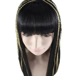 HPO Egyptian Princess Womens Wig | Gold Striped Long Black MId Eastern Queen Halloween Wig | Premium Breathable Capless Cap