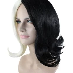 HPO Womens White Black Wig | Medium Two-toned Black & White Wig | Premium Breathable Capless Cap