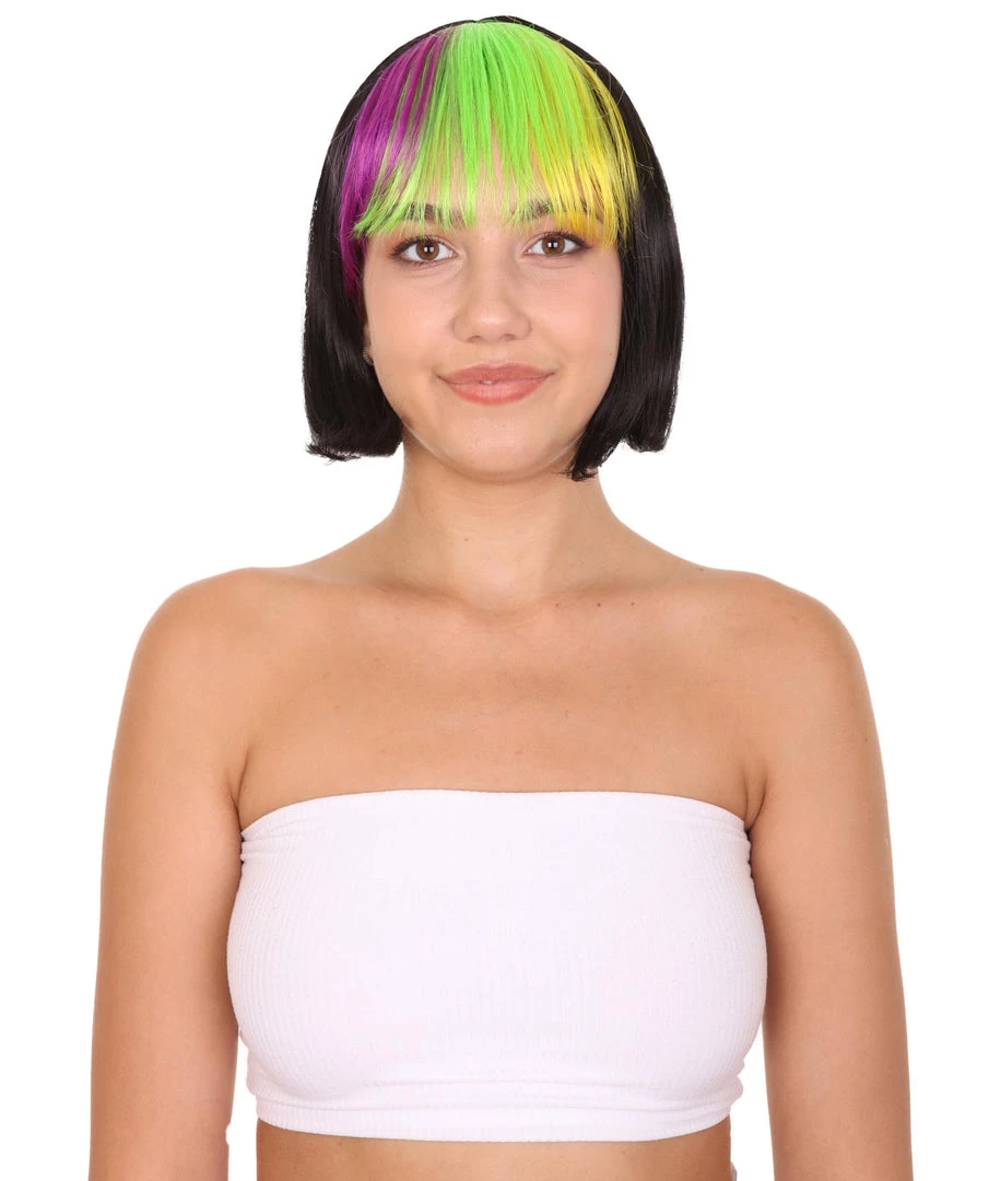 HPO Mardi Gras Bob Womens Wig | Colorful Fancy Party Event Ready Halloween Wig | Premium Breathable Capless Cap 1 HPO Mardi Gras Bob Womens Wig | Colorful Fancy Party Event Ready Halloween Wig | Premium Breathable Capless Cap