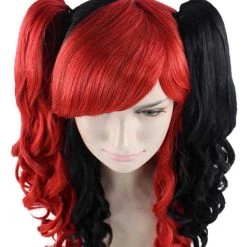 HPO Black And Red Jester Womens Wig | Long Curly Cosplay Halloween Wig | Premium Breathable Capless Cap Women's