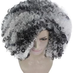 HPO Witch Two-tone Afro Womens Wig | Curly Horror Black And White Jumbo Wig | Premium Breathable Capless Cap