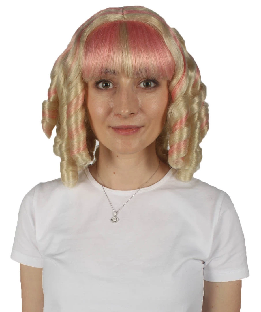 HPO Women's Womens Colonial Historical Pink And Blonde Curly Wig | Premium Breathable Capless Cap 1 HPO Women's Womens Colonial Historical Pink And Blonde Curly Wig | Premium Breathable Capless Cap