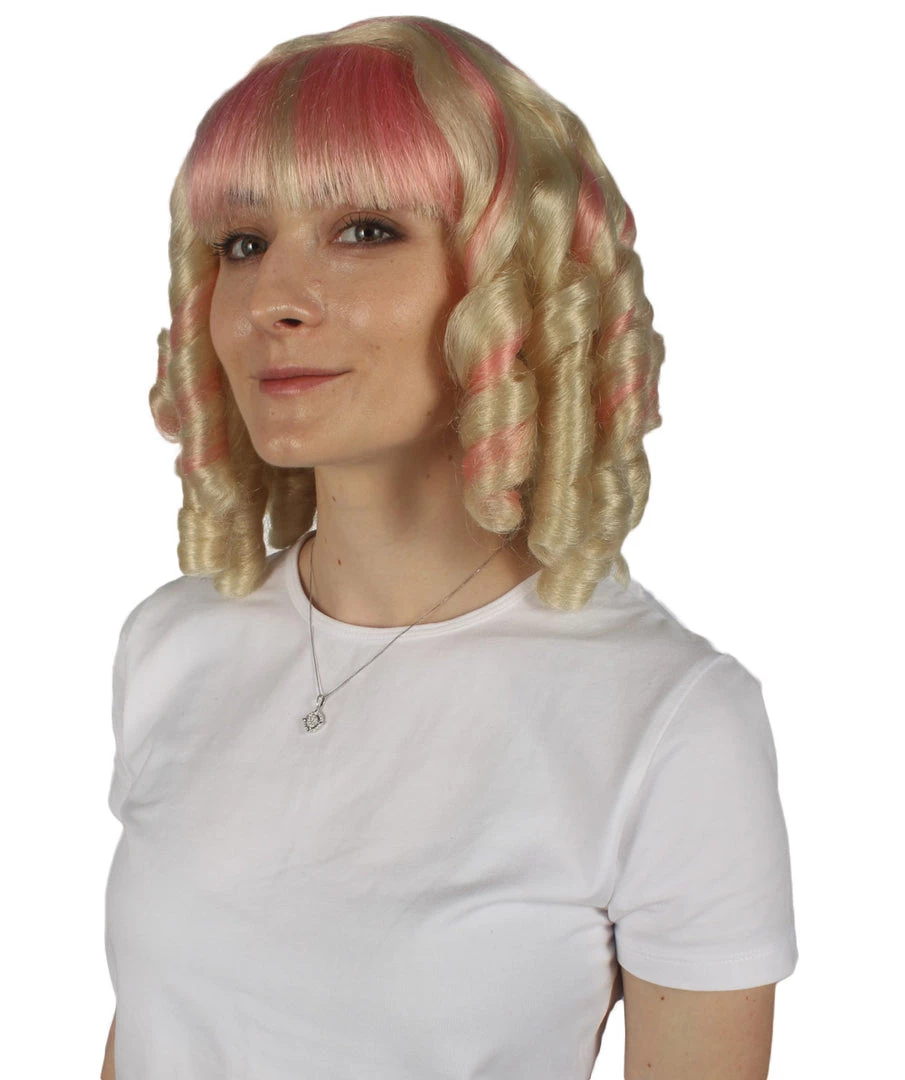 HPO Women's Womens Colonial Historical Pink And Blonde Curly Wig | Premium Breathable Capless Cap 3 HPO Women's Womens Colonial Historical Pink And Blonde Curly Wig | Premium Breathable Capless Cap
