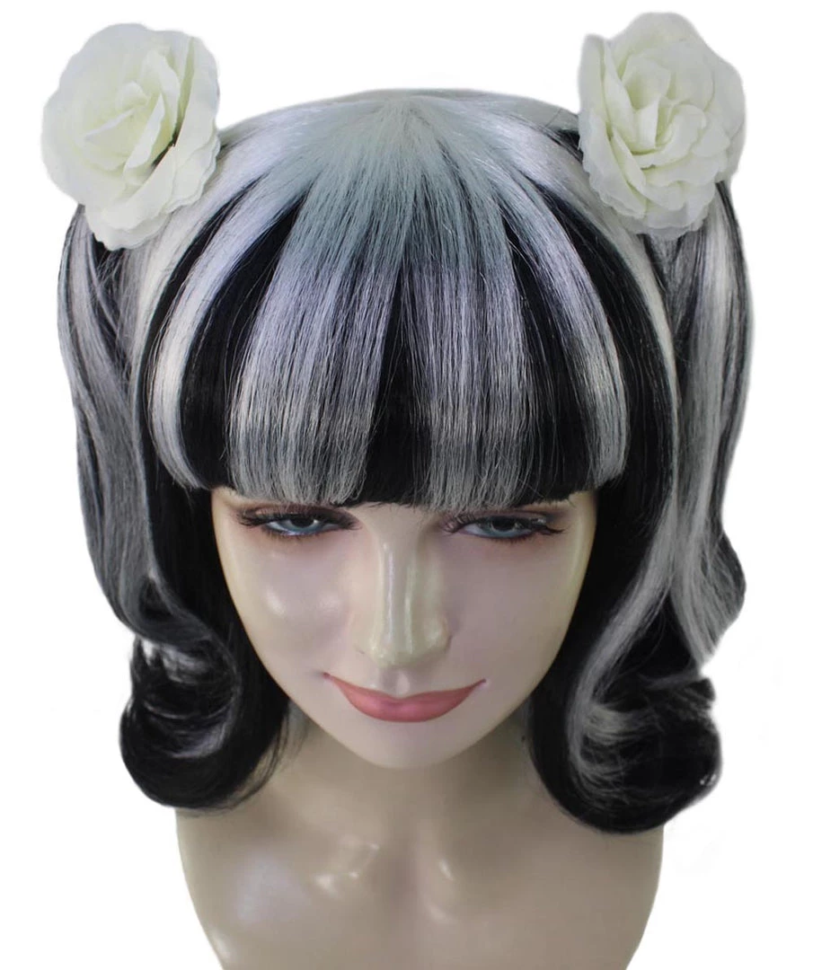 HPO Womens Gothic Pigtail Ghost Witch Bride Zombie Wig With Rose | Two Tones Black And Grey Scary Wigs | Premium Breathable Capless Cap Women's 7 HPO Womens Gothic Pigtail Ghost Witch Bride Zombie Wig With Rose | Two Tones Black And Grey Scary Wigs | Premium Breathable Capless Cap Women's
