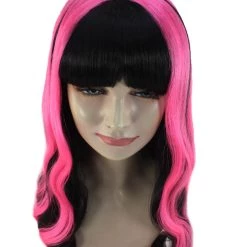 HPO Women's Womens 80s Long Black Neon Pink Streaks Punk Rave Wig | Rock Curly Disco Party Wigs | Premium Breathable Capless Cap