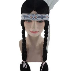 HPO Native American Princess Wig With Headband | Black Braided Historical Wigs | Premium Breathable Capless Cap Women's 15 HPO Native American Princess Wig With Headband | Black Braided Historical Wigs | Premium Breathable Capless Cap Women's