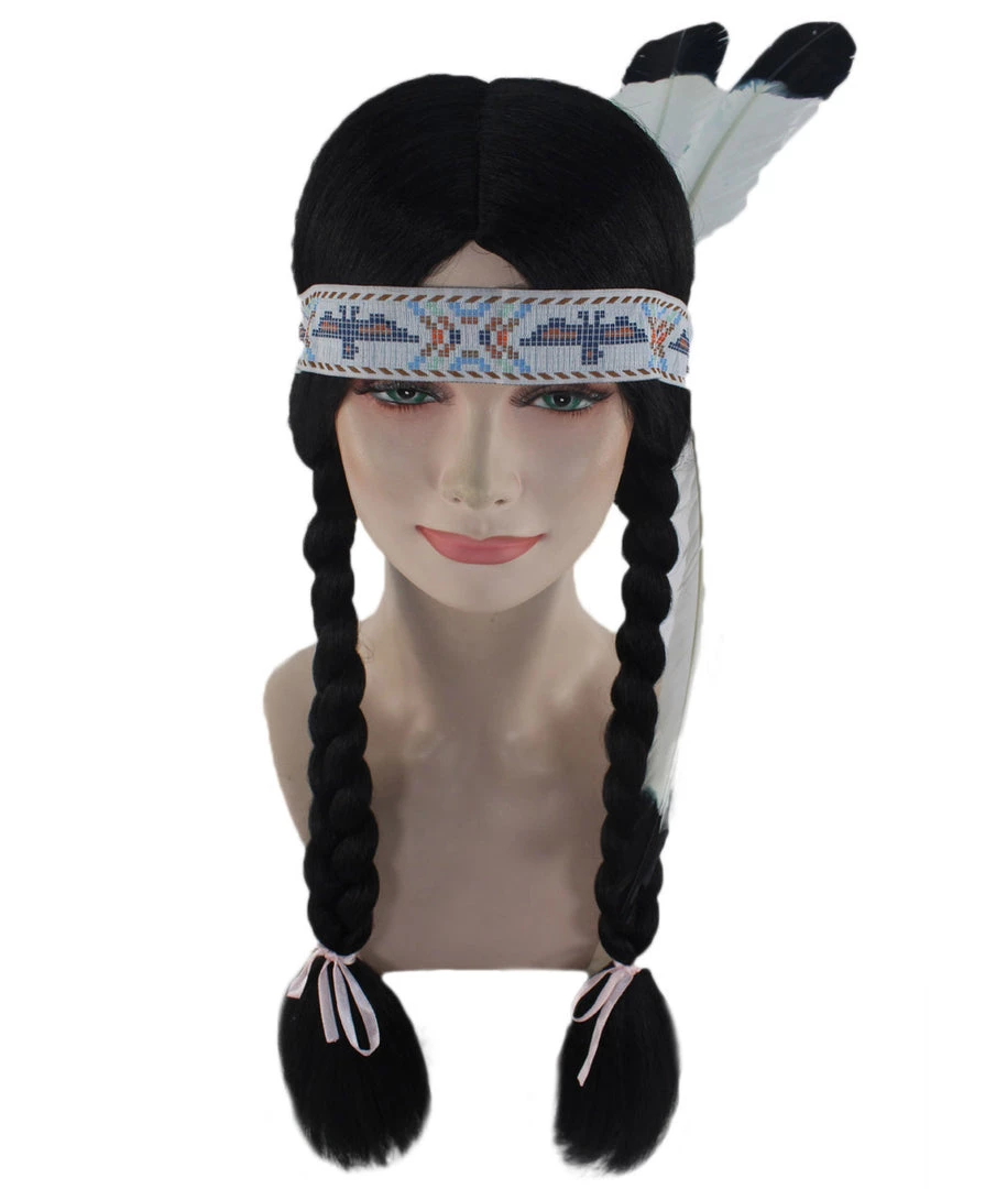 HPO Native American Princess Wig With Headband | Black Braided Historical Wigs | Premium Breathable Capless Cap Women's 7 HPO Native American Princess Wig With Headband | Black Braided Historical Wigs | Premium Breathable Capless Cap Women's