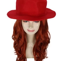 HPO Womens Long Length Brown Curly Cosplay Wig With Red Fedora | Breathable Capless Cap Women's