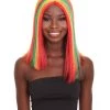 HPO Women's Shoulder Length Celebrity Ghana Pride Wig - Red Gold And Green Hair - Capless Cap Design